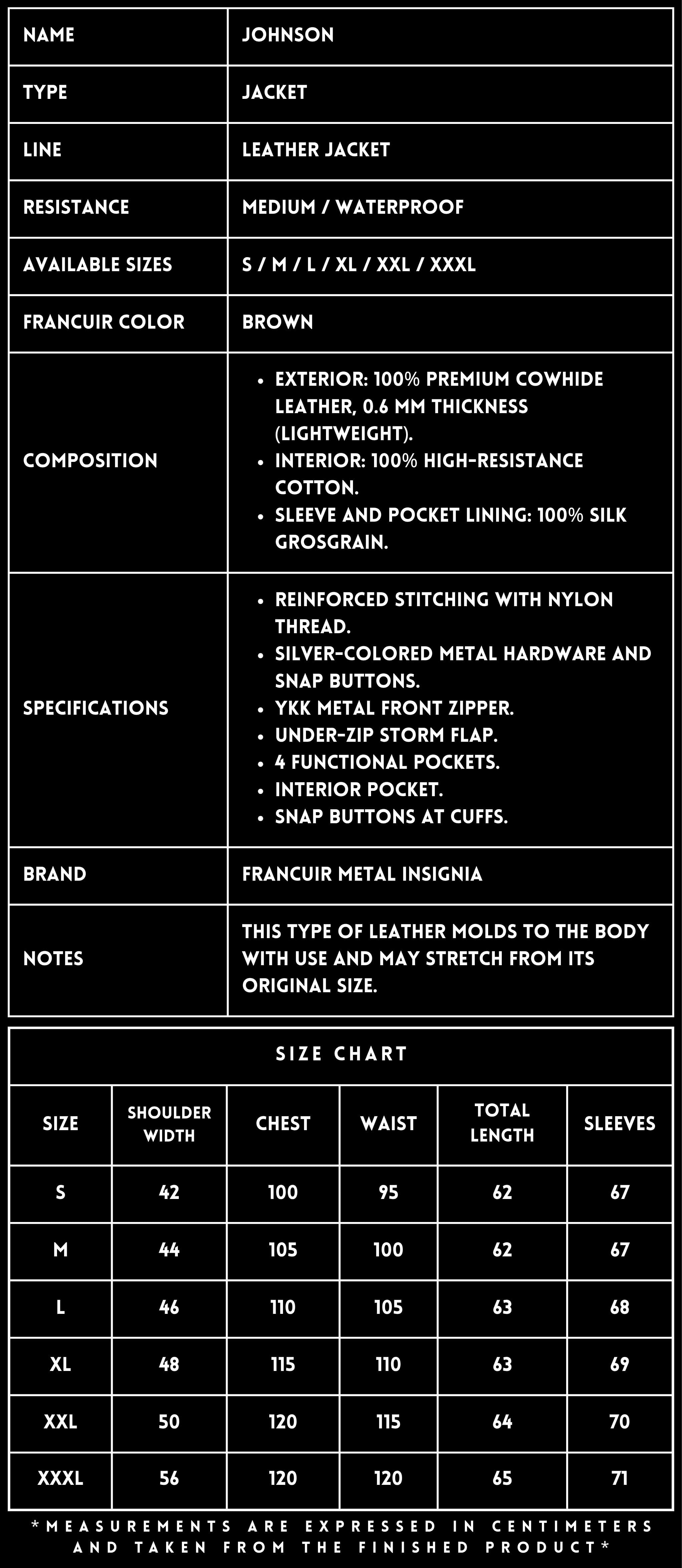 TECHNICAL SPECIFICATIONS_LEATHER JACKET_JOHNSON BROWN_FRANCUIR